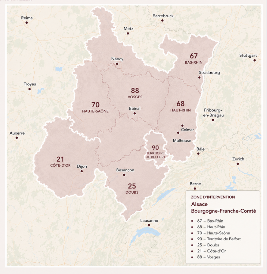 Carte de la zone d'intervention en Alsace et Bourgogne-Franche-Comté : Bas-Rhin, Haut-Rhin, Haute-Saône, Territoire de Belfort, Doubs, Côte-d'Or